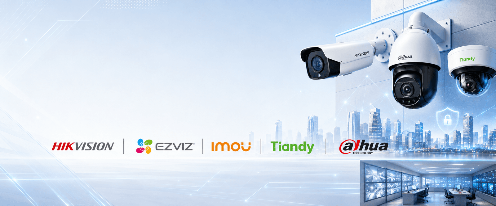 Hikvision, Dahua and Tiandy CCTV cameras above a city skyline, with the Hikvision, EZVIZ, Imou, Tiandy and Dahua brand logos